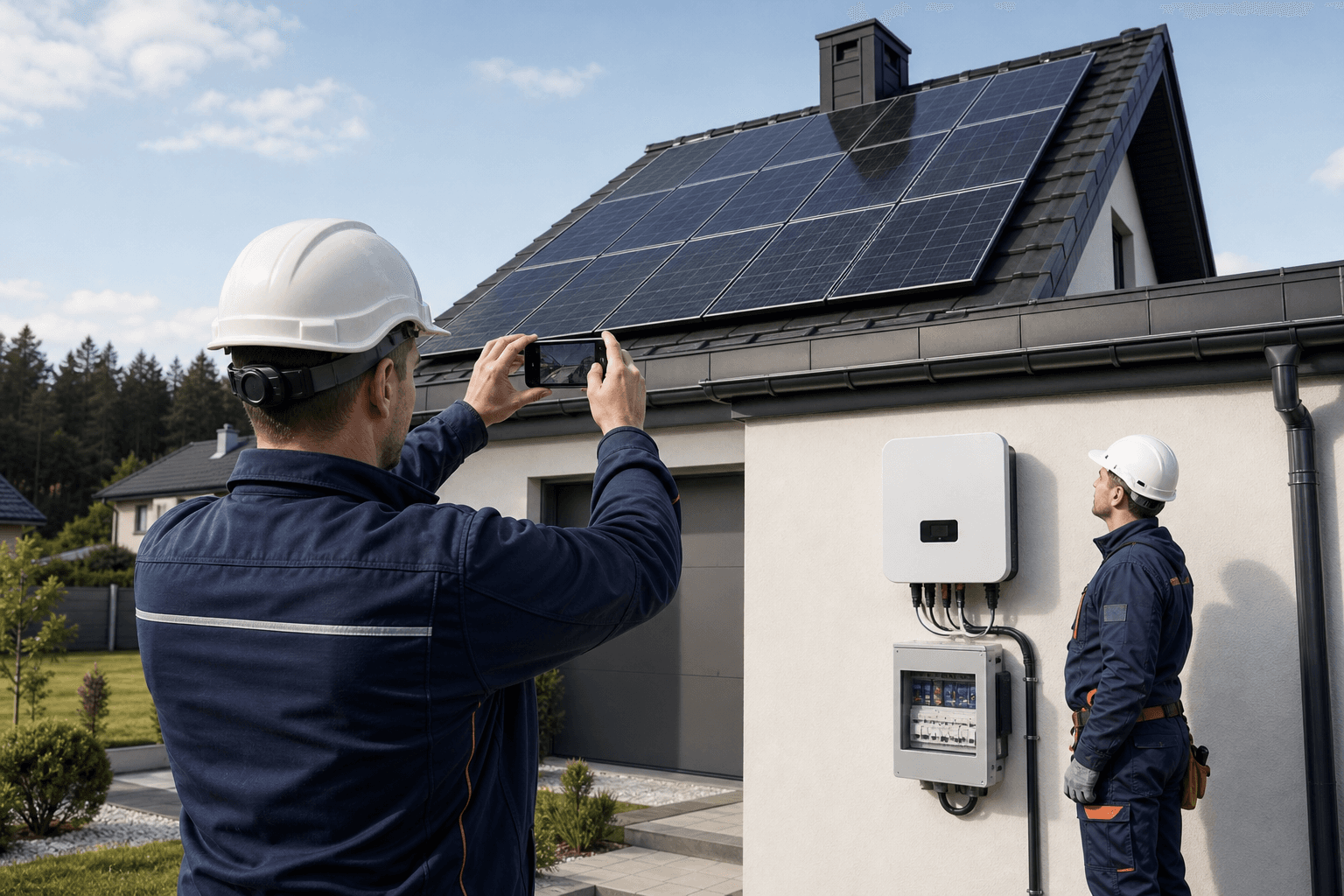 Instalatorzy fotowoltaiki dokumentują telefonem moduły i falownik przy domu