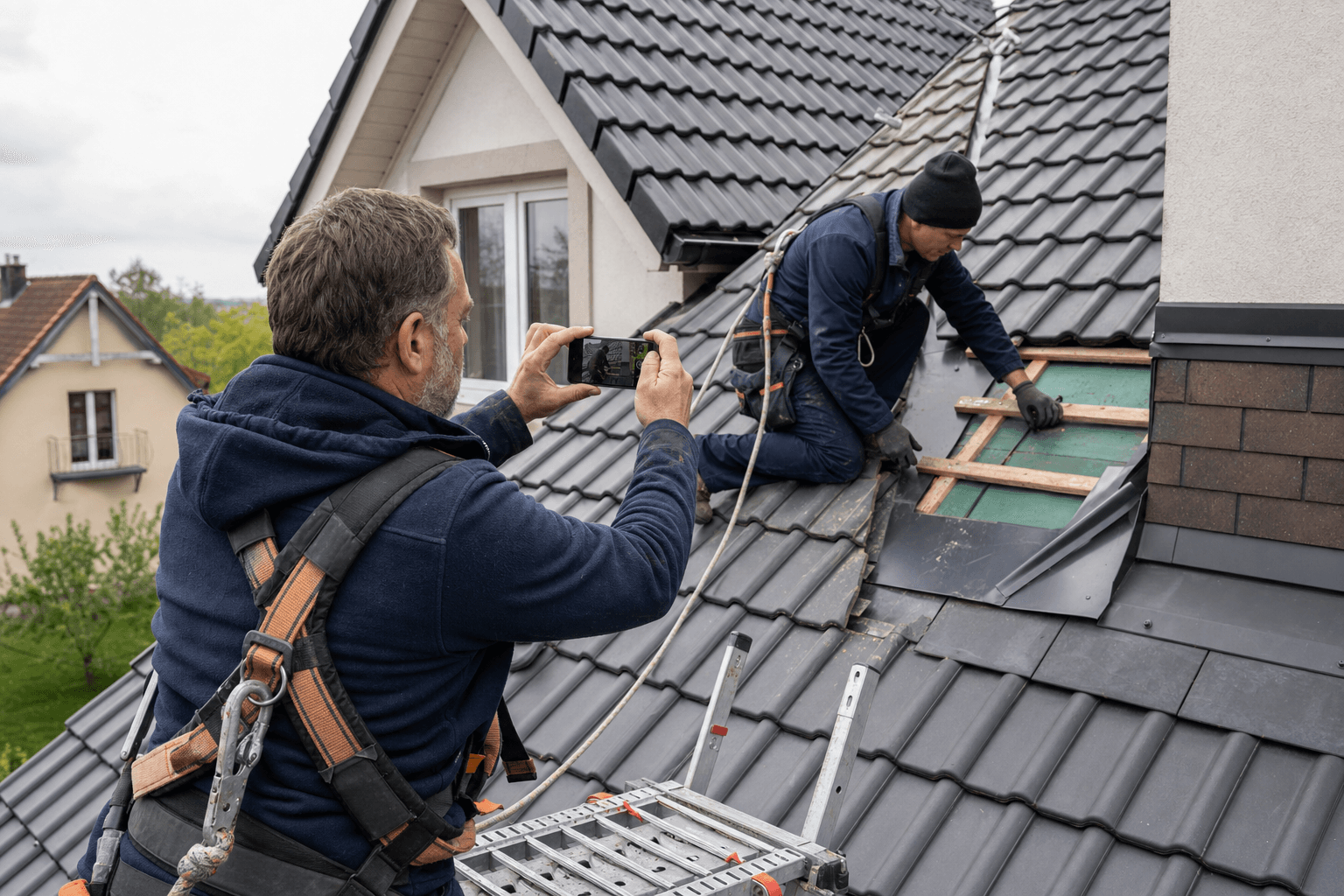 Dekarze zabezpieczeni uprzężą dokumentują telefonem naprawę dachu